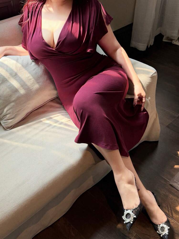 Dazy Plus Solid Color Bodycon V-Neck Sexy Wrap Mermaid Dress, Purple, Spring/Summer Sun Dresses For Women