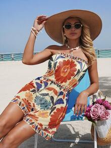 Swim Vcay Summer New Women's Swimsuit Cover-Up, Multi-Color Printed Ruffled Waist Romper For Vacation - Multicolor - View 7
