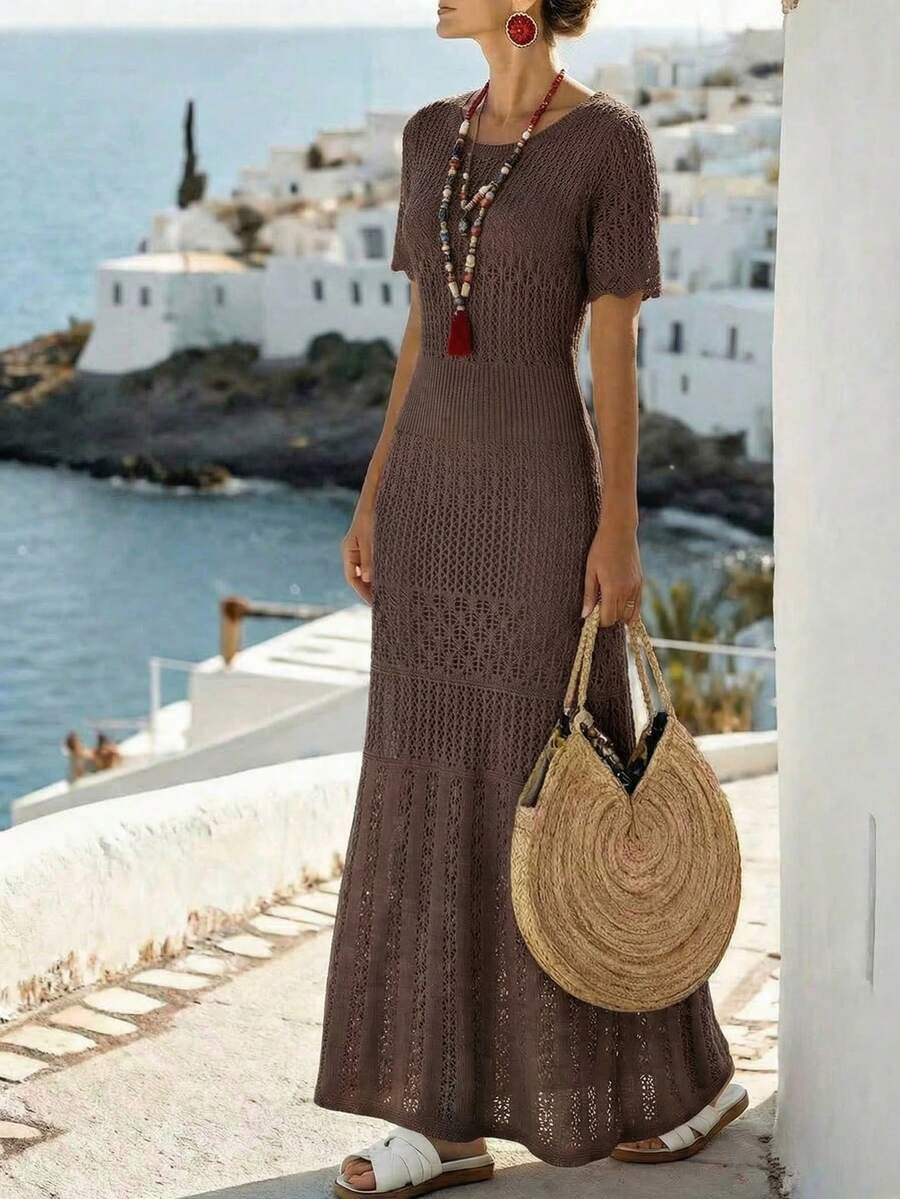Breezaya 2026春夏新款欧美风性感修身腰部休闲度假日常户外女士浪漫海滩派对晚宴海边针织米色女式毛衣连衣裙，镂空慵懒舒适，适合情人节穿着。 - 咖啡棕 - 查看 1
