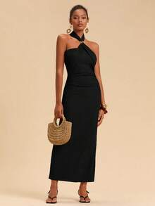 Travachic Women's Solid Color Fitted Elegant Knit Halter Dress,Summer Dresses For Women - Black - View 4