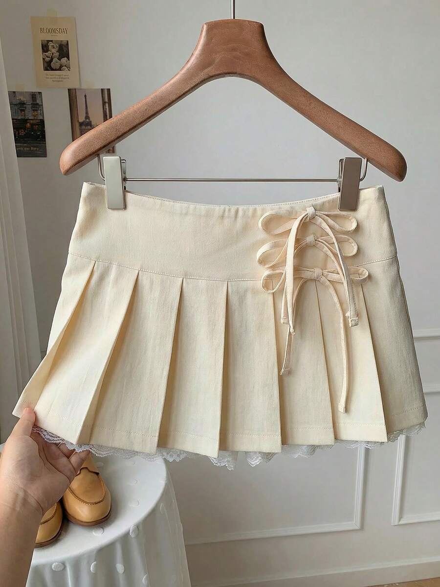 Comfortcana Chân váy ngắn nữ màu mơ, buộc dây bên hông, xếp ly, kiểu dáng thường ngày, thích hợp cho mùa xuân và mùa hè. - Màu be - Xem 1