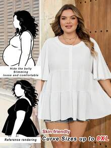 SHEIN CURVE+ Curve 尺码 US22 音乐节、海滨度假、波西米亚风女士白色休闲度假纯棉喇叭袖荷叶边下摆罩衫衬衫 白色上衣 女士加大码服装 - 白色 - 查看 2