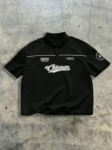 AXEPEAK Men's Casual Everyday Commute Fashion Street Letter Print Loose Fit Polo Shirt, Summer - Black - View 1