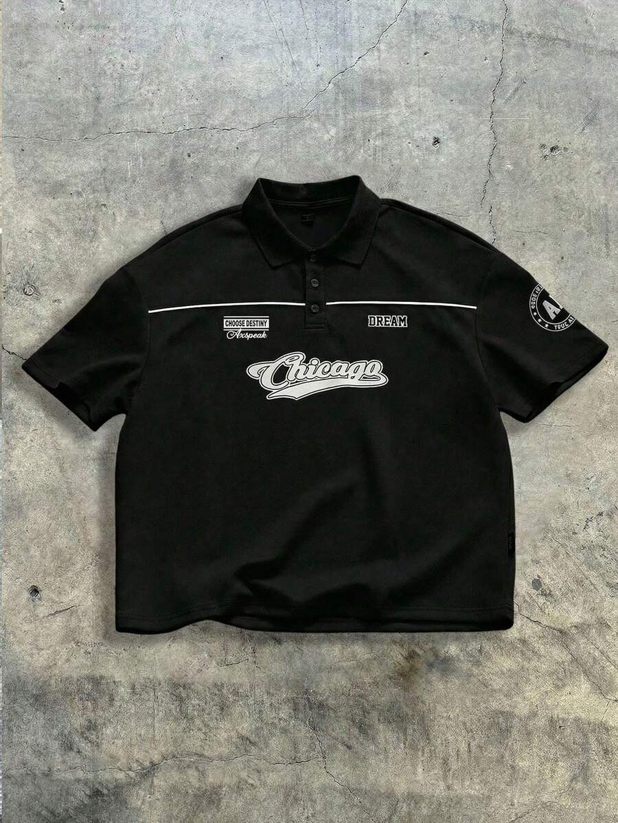 AXEPEAK Men's Casual Everyday Commute Fashion Street Letter Print Loose Fit Polo Shirt, Summer - Black - View 1