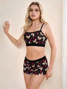 TOM & JERRY X SHEIN 女士卡通爱心印花吊带背心和短裤内衣套装 - 黑色 - 查看 5