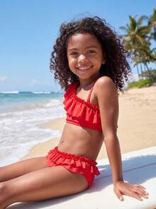 Young Girl Knitted Plain Ruffled One Shoulder Strap Cropped Top + Knitted Triangle Shorts + Bowknot Bikini Set, 3pcs - Red - View 2