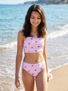 SHEIN Bộ đồ bơi hai dây và quần lót họa tiết trái tim dễ thương nhiều màu vẽ tay cho bé gái tuổi teen, thích hợp cho mùa hè - Hồng - Xem 1