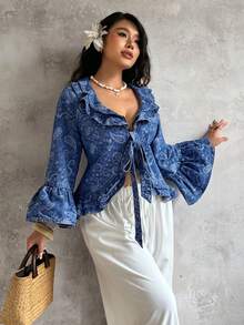 Sunnyshic 加大码佩斯利印花打结荷叶边下摆长袖牛仔外套 - 藍色 - 查看 5