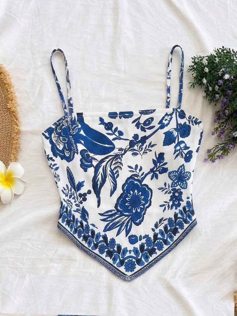 Girlism 女孩印花夏季海滩度假吊带衫 - 藍白色 - 查看 1