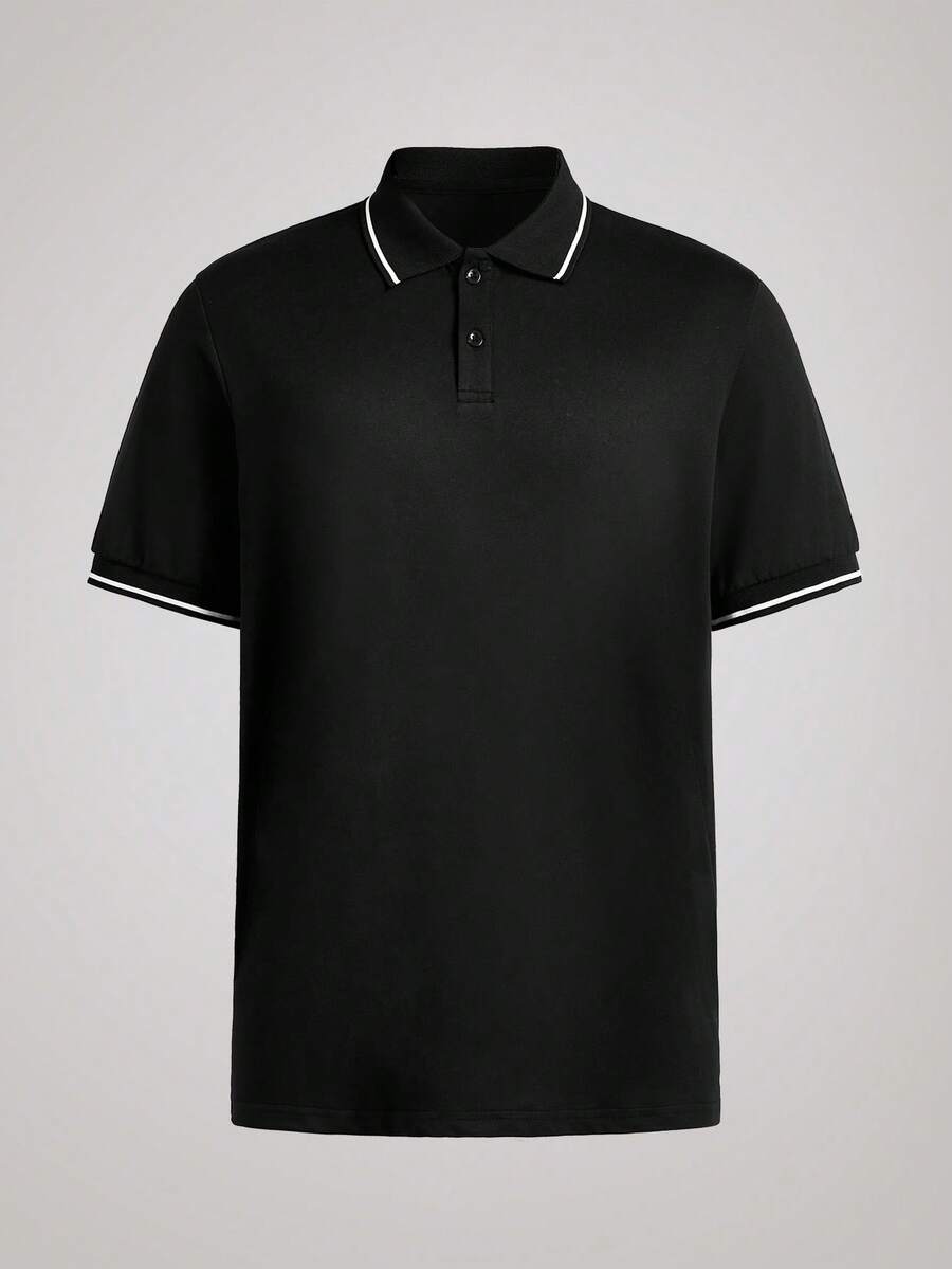 Officeau 男士黑色純色 Polo 領短袖針織 Polo 衫，鈕扣設計，夏季高爾夫球衫，輕量透氣涼爽，休閒舒適，適合日常穿著，送給男友、丈夫、父親的禮物 - 黑色 - 查看 1
