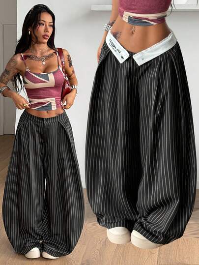 Coolane Summer Outfits For Women Streetwear Old Money Going Out Minimalist Casual Vintage Oversized Black Turn-Down Trousers Graphics Loose Fit Tailored Pants,Back To School Office Work,Casual Outfit For Women