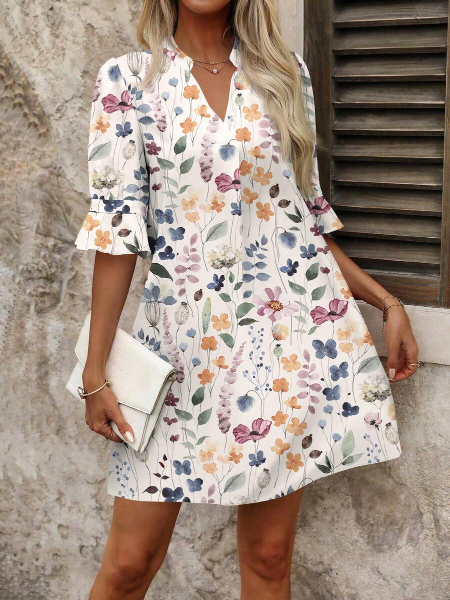EMERY ROSE Watercolor Floral Print Plus Size Women Dress, Suitable For Summer Vacation - Multicolor - View 1