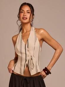 COSMINA Women's Elegant Asymmetric Striped Sleeveless Blouse, Versatile For Commuting, Office, And Casual Wear, Early Spring - Khaki - View 7