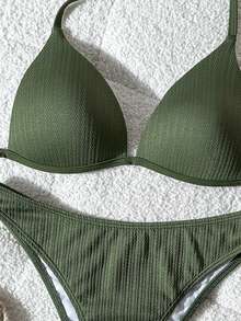 Swim Mod Women's Jacquard Fabric Halter High Cut Bikini Set, Spring/Summer - Army Green - View 5