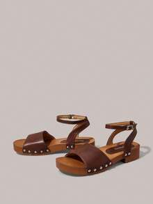 Styleloop 女士圆头踝带露趾高跟凉鞋，户外/通勤 PU 粗跟棕色鞋，波西米亚西部音乐节派对装 - 鏽棕色 - 查看 2