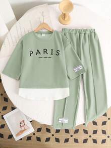 SHEIN Serisse Kids 少女绿色春夏针织圆领宽松拼接撞色英文印花贴片圆领宽松阔腿裤休闲简约学院风T恤套装，2件套 - 綠色 - 查看 4
