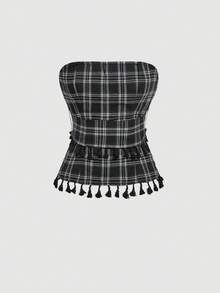 SHEIN MOD 黑白格子流苏装饰系带多功能女式上衣 – 70年代复古风、西部风、波西米亚风、游牧风，适合约会、派对、春夏女装、春假、舞会礼服、约会之夜、度假、野餐、节日、生日装扮 - 黑與白 - 查看 8