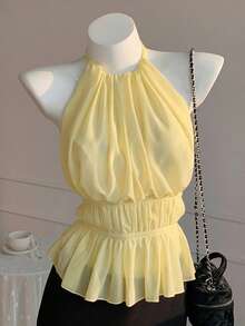 SHEIN EZwear Áo hai dây màu vàng xếp ly, cổ yếm, hở lưng, thắt eo dành cho nữ, thích hợp cho mùa xuân/hè. - Vàng nhạt - Xem 5