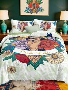 Frida Kahlo X SHEIN 三件套白色水果绿复古印花被套，采用柔软舒适的鬃毛面料，适用于双人床/标准双人床/大号双人床/特大号双人床，适合春夏两季，花卉图案。 - 白色 - 查看 4