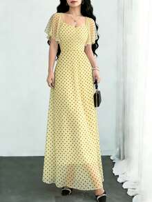 Modelyn Đầm dài nữ tối giản, họa tiết chấm bi, cổ vuông, tay ngắn, kiểu dáng thời trang, ôm eo, thích hợp cho kỳ nghỉ hè và mặc hàng ngày. - Nhiều màu - Xem 4