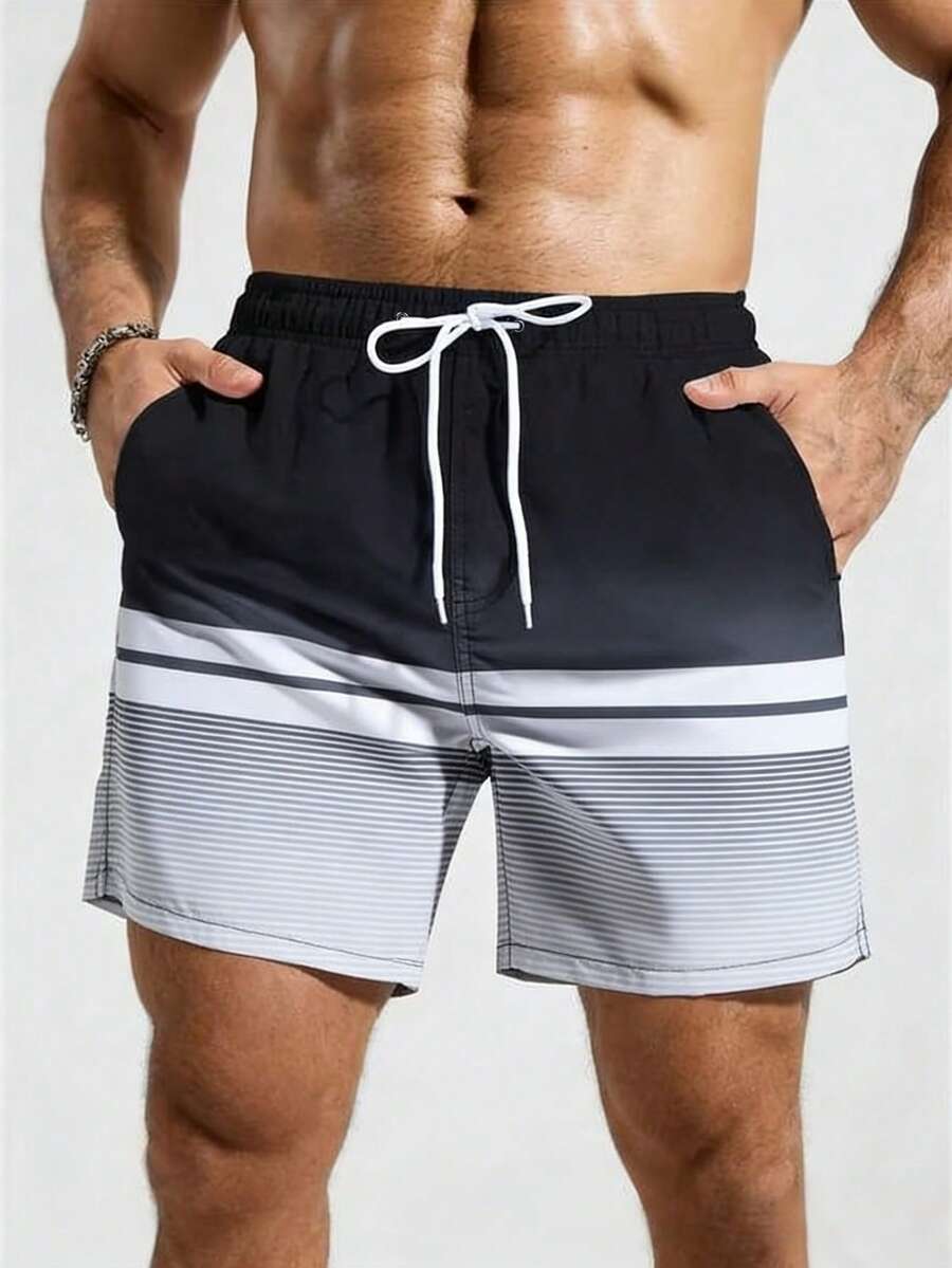 Manfinity KASUA Men's Drawstring Waist Striped Beach Shorts - Grey - View 1