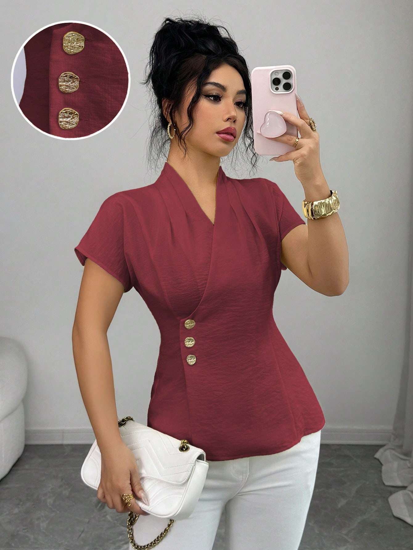 Elenzga بلوزة نسائية كاجوال أنيقة بياقة على شكل حر...