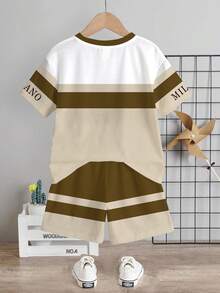 SHEIN Young Boy Casual Simple T-Shirt Set, Classic Italian Milan Text Graphic Print, Striped Pattern Print - Multicolor - View 3