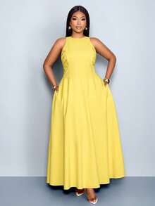 SOLERSUN 大码女装时尚纯色无袖圆领宽松休闲褶皱A字长裙，轻盈奢华，简约显瘦，百搭实用，适合春夏日常通勤和海滩度假，清爽休闲，适合圣帕特里克节、复活节、音乐节、派对、约会、婚礼季、四叶草、街头风、海滩度假、野餐、西式风、波西米亚风、高贵优雅、现代时尚等各种场合。 - 黃色 - 查看 7