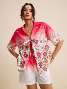 LOTSLUV Blouse ample à fleurs tropicales dégradées fuchsia, pour le printemps/été, blouse en soie, blouses printanières, Top à fleurs roses, blouses d'été, chemises printanières pour femmes, chemises d'été pour femmes, blouses d'été pour femmes, dernières nouveautés de hauts pour femmes - Rose vif - Voir 4