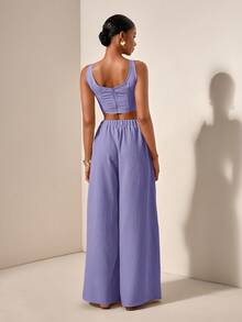 Zivah Women's 2 Pieces Set Purple Summer Tropical Holiday Vacation Holiday,Fishbone Strap Top And Wide Leg Pants With Pockets,Textured Casual Work Outfits - Mauve Purple - View 2