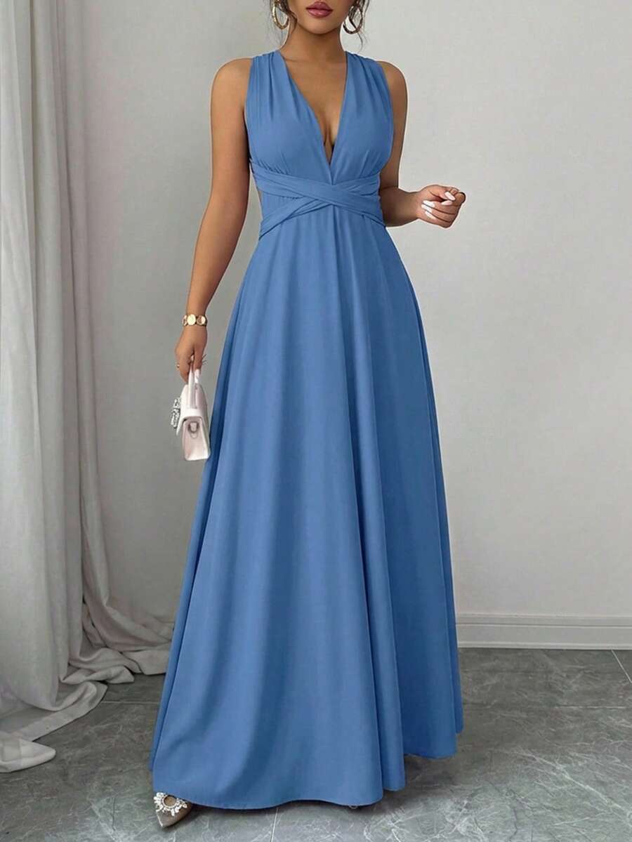 Solid Multiple Ways Wear Dress - Blue - View 1