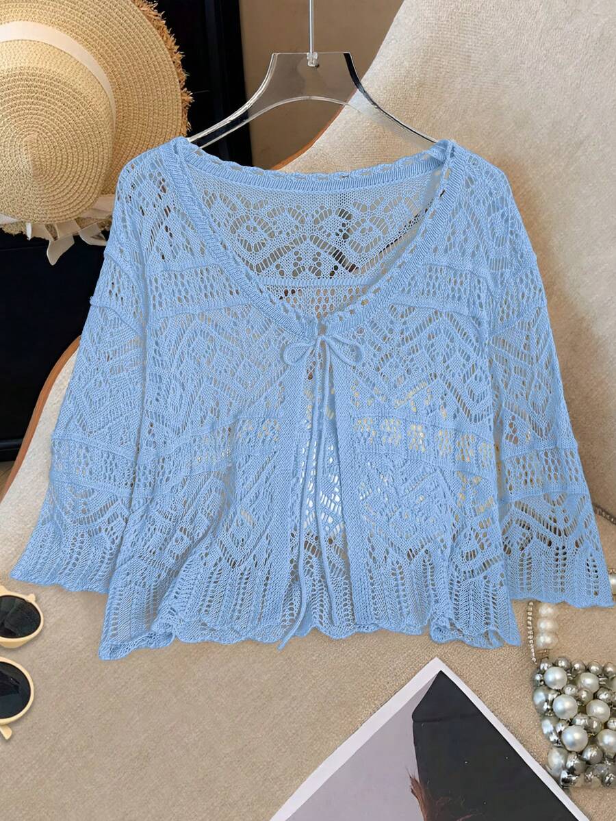 GlowEve Women's Lightweight Perforated 3/4 Sleeve Cardigan, Summer New Arrival - Baby Blue - View 1