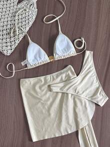 Swim Vcay Solid Color Backless Tie Design, Shell Decor, Sweet & Elegant Women's Swimwear Set - Apricot - View 2