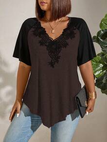 Momelise Áo thun nữ cỡ lớn phối ren, phối màu, in họa tiết. - Màu nâu  Mocha - Xem 1
