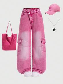 Tween Girls Y2K Style Pink Washed Denim Cargo Pants, Loose Straight Leg, Soft & Comfortable Fabric, Fashionable Streetwear, Girls Jeans Suitable For Outdoor, Festivals, Parties, Seasonal New Arrival Cargo Wide Leg Color Jeans Teen Girls Girl Heart Graphic Straightleg Jeans Pink - Pink - View 8