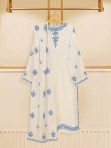 GlowEve 女士新款复古圆领长袖印花连衣裙，时尚休闲印花两件套，含披肩，春夏款 - 彩色 - 查看 2