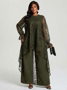 EMERY ROSE Plus Size Elegant Party Solid Color Lace Front Short Back Long Top And Pants 2 Piece Set Elegant Women's Set Summer Outfits Summer Clothes Spring Dress Spring Outfit Women Spring Clothing Elegant Women's Set Blouse And Pants Set Formal For Women  Party Wear Dresses For Women - Army Green - View 3