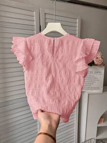 Teen Girls Pink Textured Woven Blouse,Round Neck,Ruched Ruffled Trim Flutter Sleeves,Cute Summer Party Casual French Elegant Back To School Tops - Pink - View 2