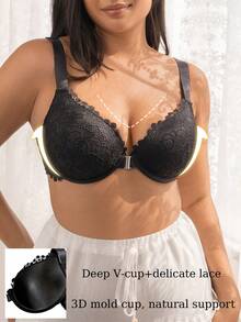 DesireSculpt 女士时尚蕾丝常规宽肩带前扣式加大码文胸，1件装 - 黑色 - 查看 4