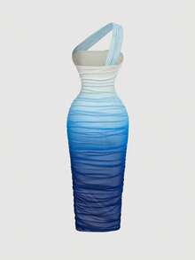 SHEIN MOD Ombre Ruched Bodycon Mid-Length One Shoulder Mesh Dress, Ruched Bodycon Dress Gradiation Dress For Woman Ombre Dress Blue Bodycon Dress One Shoulder Dress - Multicolor - View 2