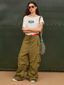 COUREZ Low Rise Parachute Cargo Trousers/ Y2K Summer Clothes For Women Summer Outfits For Women Green Trousers Khaki Trousers Festival Outfits Concert Outfits Spring Outfits For Women - Army Green - View 2