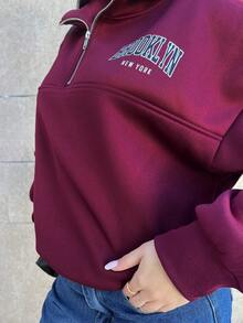Hitanina 女士宽松半拉链字母印花卫衣，带保暖内衬 - 酒紅色 - 查看 3