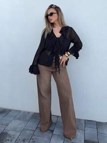 Jeta Ari Elegant French Chiffon Lantern Sleeve V-Neck Tie Front Loose Casual Blouse For Women, Autumn - Black - View 5