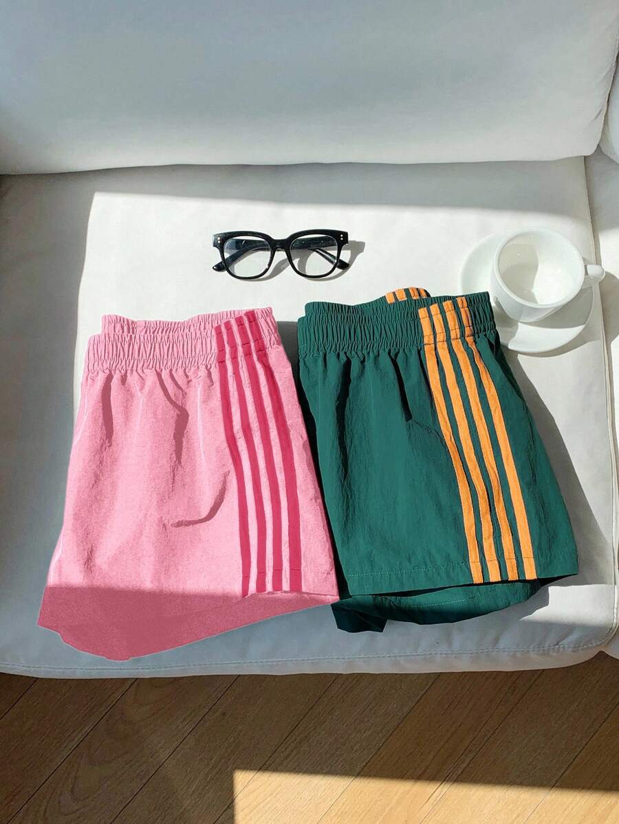 Comfortcana 2pcs Women's Contrast Color Woven Shorts, Summer - Multicolor - View 1