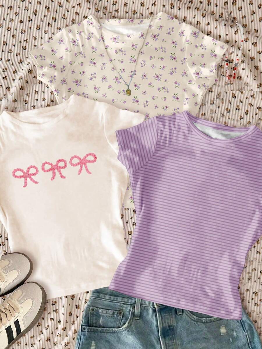 3件套少女休闲简约圆领短袖基础款T恤,BM风格,碎花图案,柔和条纹,3D蝴蝶结设计,适合春夏日常穿着、居家、度假。 - 白色 - 查看 1