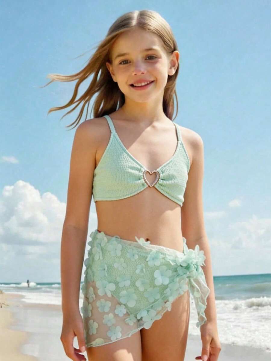 SHEIN Girls' Cute 3 PiecesSwimsuit Set With Shawl/Ruffle Trim, Fashionable Casual Elegant Swimwear Suitable For Swimming, Summer Vacation, Beach, Pool, Holiday Party - Green - View 1