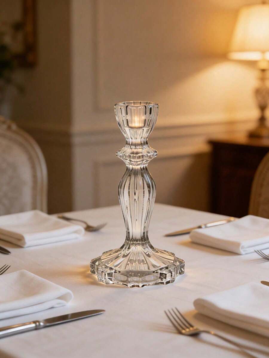 1 Castiçal de Vidro Criativo, Suporte para Vela de Vidro Transparente com Padrão de Diamante, Peça Central Elegante para Decoração de Mesa de Jantar, Sala de Estar e Casamentos - Transparente - Ver 1