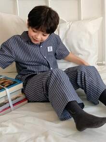 DAZY Young Boys Striped Short Sleeve Pajama Set - Grey - View 2