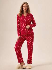 Women 2 Pcs Red Button Front With Heart Pattern Teddy Fabric Detail Long Sleeve Shirt &Long Pants Homewear Casual Comfort Pajama Set - Red - View 3
