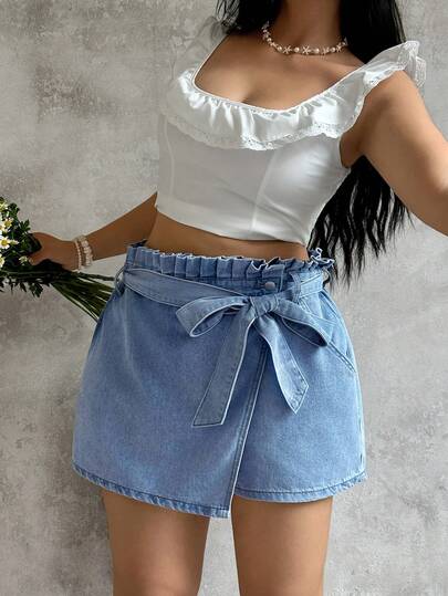 SHEIN Holidaya Plus Size Women Ruffled Waist Tie Side Casual Denim Skorts